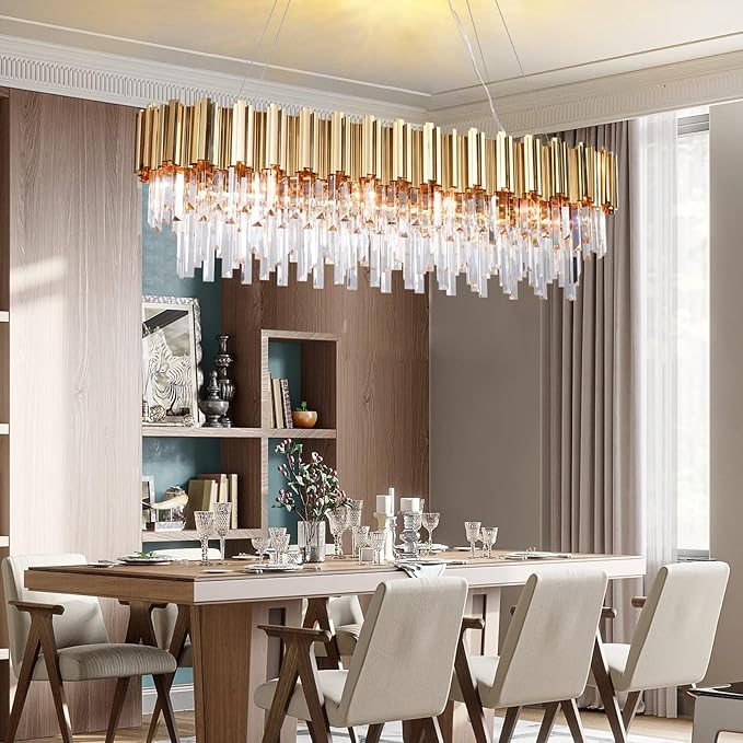 L43.3 Modern Rectangle Crystal Chandelier Gold Linear Pendant Ceiling Light Fixture for Dining Room Contemporary Oval Raindrop Chandeliers Lighting for Kitchen Island 13-Light