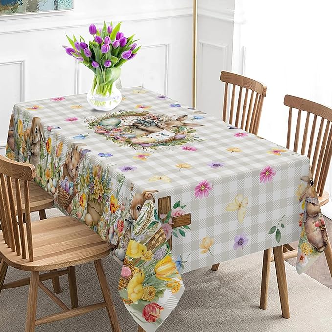 Easter Tablecloth 60 x 104 Inch Rectangle, Easter Bunny Table Cloth Buffalo Check Plaid Kitchen Table Cover for Dining Room Spring Oblong Tablecloth Indoor Decor