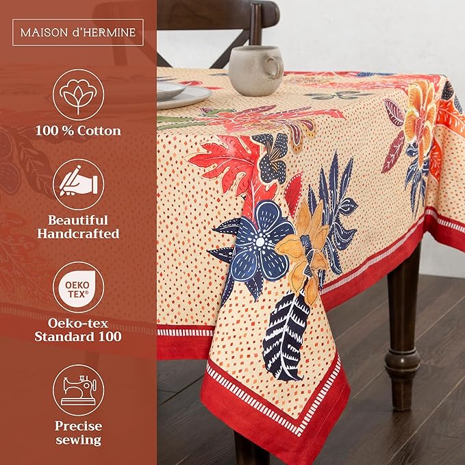 Maison d' Hermine Table Cloth Rectangle Table 100% Cotton 70 x 108 Inches Fall Tablecloth Reusable Everyday Use for Thanksgiving Christmas Decorations Dining Farmhouse Party (Kalahari)