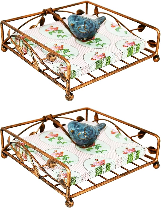 OwlGift Collection Set of 2 Bronze Coated Metal Flat Napkin Holder Dispensing Stand w/Ceramic Bird, Kitchen and Countertop Flat Napkin Storage Organizer
