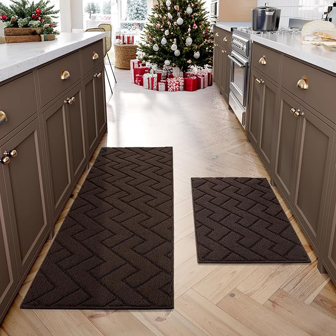 hicorfe Kitchen Rugs and Mats Sets,2 Pieces Super Absorbent Polypropylene Non-Slip Rug,Soft Comfort Floor Mat,Washable for Kitchen,Hallway,Office,Sink,Laundry(20" x 32" + 20" x 59",Coffee