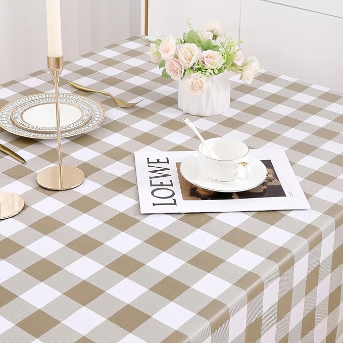 misaya 2 Pack Waterproof Vinyl Table Cloth, Buffalo Flannel Backed Tablecloth, Wipeable Plastic Table Cover for Dinner, Kitchen, Outdoor (60" x 84", Khaki and White)