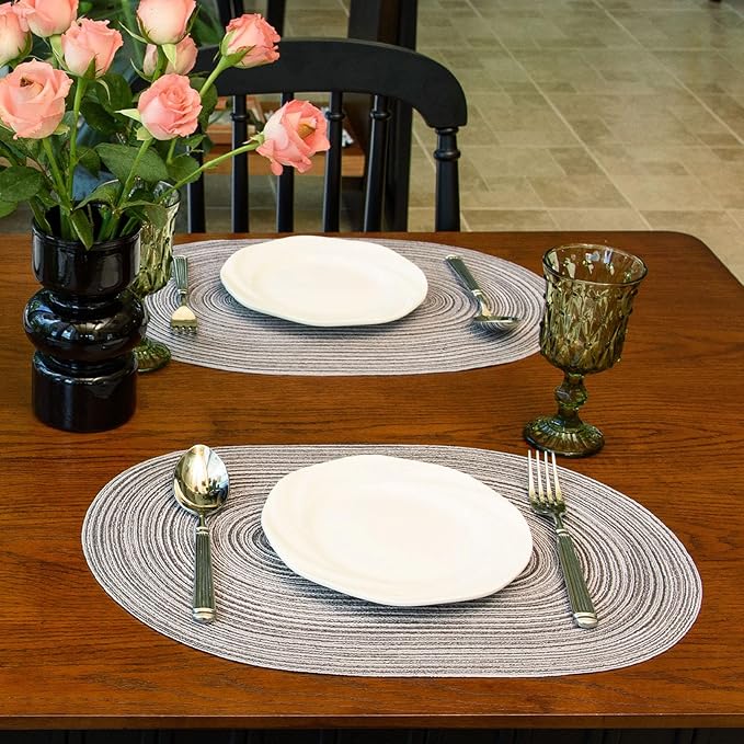 Noctiflorous Oval Braided Placemats Set of 8 Woven 12x18 Inch Non Slip Washable Heat Resistant Place Mats Round Tablemats for Dining Kitchen Party Daily Table Decor Dinner Mats (Gray, 8)