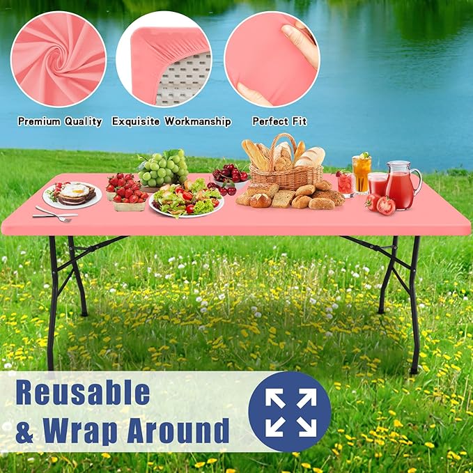 Spandex 8 Foot Rectangle Table Cloth 2 Pack, Elastic Fitted Tablecloths for Picnic, Stretch Washable Patio Table Cover for Outdoor, Camping, Banquet and Parties(Coral Red, 30"x96")