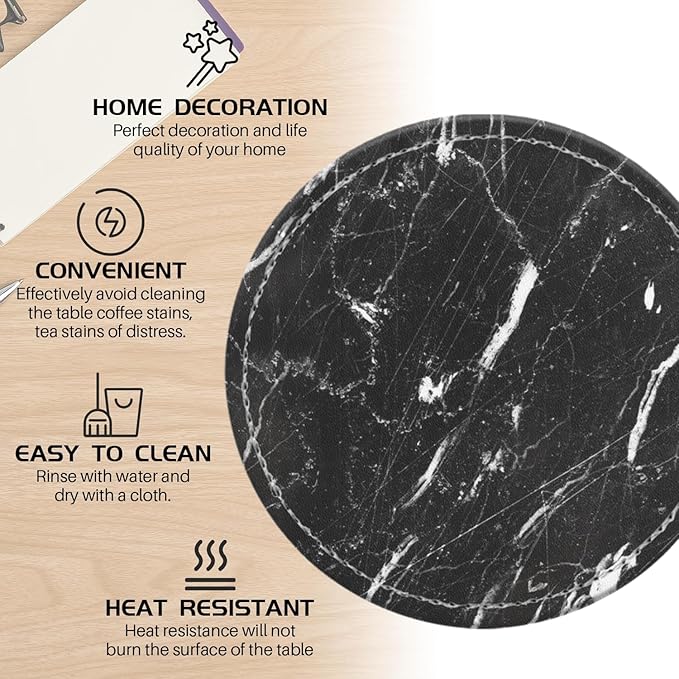 Coasters for Drinks PU Leather,Set of 6 with Holder,Round Housewarming Gift Home Decor,Black and White Marble