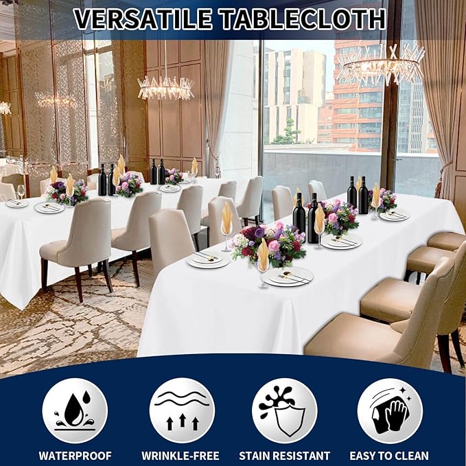 PureFit 10 Pack Rectangle White Table Cloths 60 x 102 Inch for 6Ft Tables, Stain and Wrinkle Resistant Table Linens for Home Use, Wedding, Party, Banquet and Camping