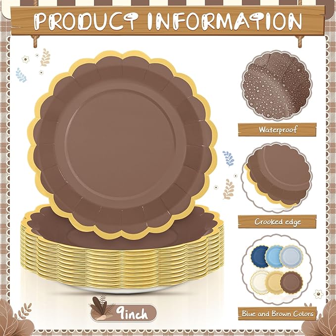 48 Pcs Blue Brown Paper Plates 9 Inch Gradient Scalloped Paper Plates Disposable Dinner Dessert for Birthday Wedding Bridal Party Supplies, 6 Colors