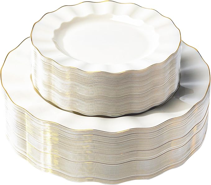 72PCS Ivory White Plastic Plates, Heavy Duty Disposable Party Plates with Gold Rim, 36 Dinner and 36 Dessert for Parties and Wedding