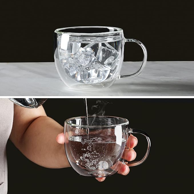 CNGLASS Double Wall Glass Cappuccino Mugs 8.1oz,Clear Insulated Glass Coffee Mug with Handle for Espresso,Latte,Tea,Set of 2 | Double Wall, Insulated, Glass Coffee Mug, with Handle, for Espresso, Latte