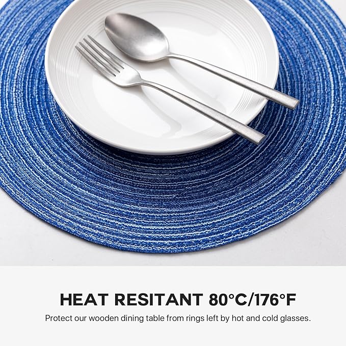 Round Placemats Set of 6 Woven Placemats Washable Braided Table Mats for Dining Table Heat Resistant Non-Slip Circle Place Mats(Royal Blue)