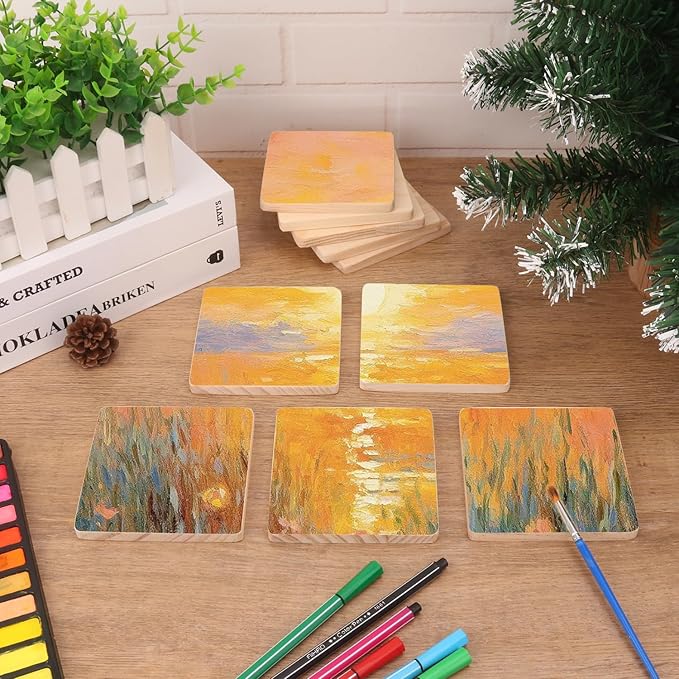 36 PCS 4 Inch Square Wood Coasters, 4 x 4 Inch Wooden Coasters for Crafts, DIY Wood Coaster with Non Slip Dot Stickers, Engraving, Painting (Thick 0.35 Inch)