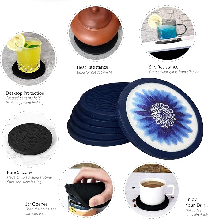 Indigo Floral Non-Slip Silicone Coasters, 4-Pack Double-Sided Absorbent Cup Mats for Hot & Cold Drinks, Scratch & Water Ring Protection for Wood Tables, Home Office Bar Use (6PC)