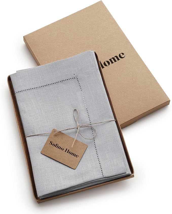 Solino Home Linen Napkins Set of 6 - Classic Hemstitch 100% Pure Linen Soft Grey Dinner Napkins Cloth 20 x 20 Inch for Winter, Spring, Easter - Handcrafted and Machine Washable