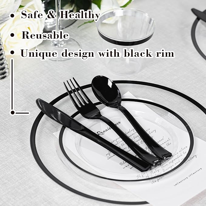 N9R 600PCS Clear and Black Disposable Plates Set, Heavy Duty Plastic Dinnerware Set for 100 Guests Includes 100 Dinner & Dessert Plates, Cups, Spoons, Forks, and Knives, Perfect for Parties, Weddings
