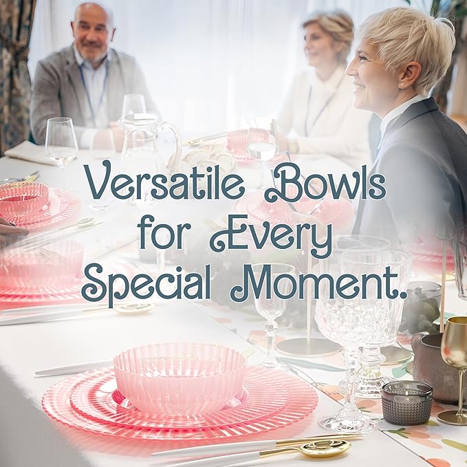 Exquisite Pink Plastic Bowls Disposable - 16 Oz - 20 Count - Disposable Soup Bowls - Great for Weddings Parties And Formal Occasions