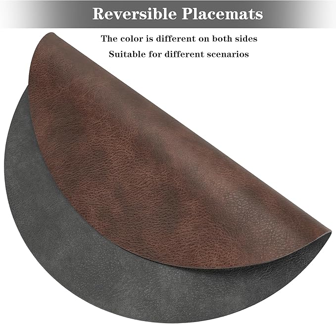 Round Placemats and Coasters Set of 4, Washable Reversible Faux Leather Placemats Cowhide Pattern Place Mats Wipeable Non-Slip 15 inch Round Kitchen Dining Table Mats (Gray Dark Coffee, 4)