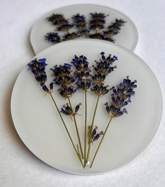 Handcrafted Pressed Lavender Resin Coasters White with Cork Base, Decorative Table Protection (4, Round)
