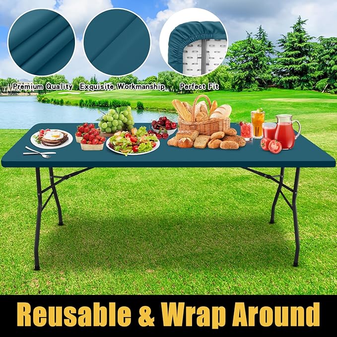 Smiry Rectangle Picnic Table Cloth, Waterproof Elastic Fitted Tablecloths for 5 Foot Tables, Washable Polyester Table Cover for Camping, Indoor and Outdoor (Peacock Blue, 30"x60")