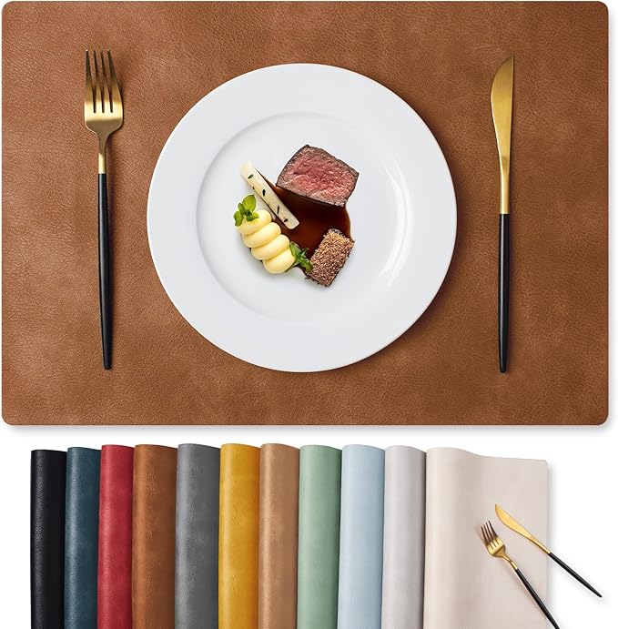 MOSAYT Vinyl Placemats Set of 8-12 X 17 Inch - Faux Leather 100% Waterproof Oil-Proof Wipeable PU Place Mats, Heat Resistant Reversible Table Mats for Kitchen, Dining, Outdoor (Reddish Brown)