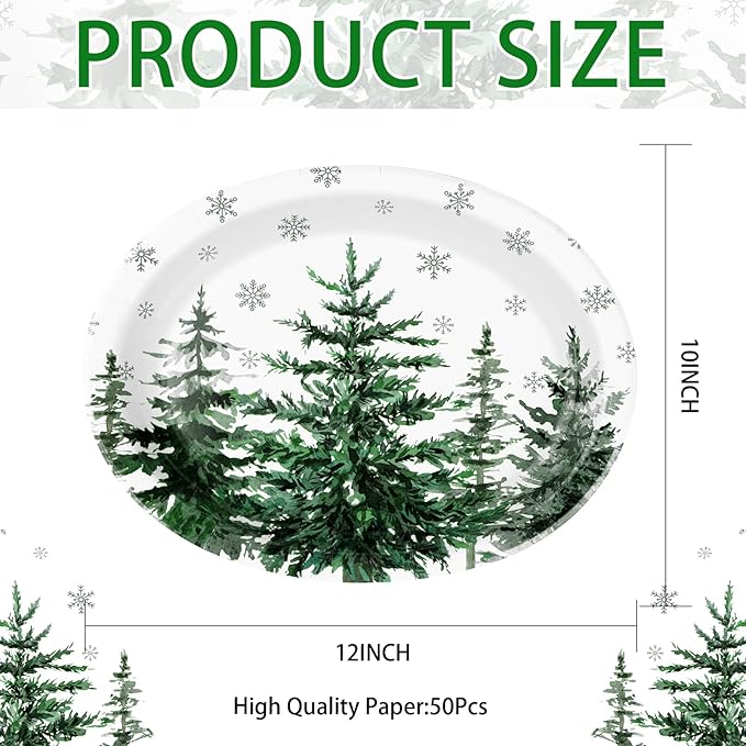 50Pcs Christmas Tree Oval Paper Plates 10" x 12" Large Heavy Duty Xmas Snowflake Disposable Plates Holiday Dessert Platters for Winter Wedding Birthday Dinner Party Decoration Kitchen Table Decor