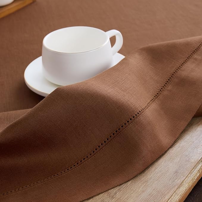 Solino Home Linen Brown Table Runner 72 Inches Long - 100% Pure Linen Hemstitch Table Runner 14 x 72 Inch for Dresser, Dining - Classic Hemstitch