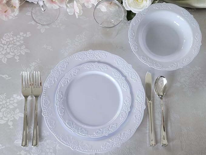 " OCCASIONS " 50 Plates Pack (25 Guests) Vintage Wedding Party Disposable Plastic Plate Set -25x10.25'' Dinner +25x7.5'' Salad/Dessert plates (Portofino Plain Blue)