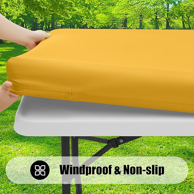 Smiry Rectangle Picnic Table Cloth, Waterproof Elastic Fitted Tablecloths for 6 Foot Tables, Washable Polyester Table Cover for Camping, Indoor and Outdoor (Mustard Yellow, 30"x72")
