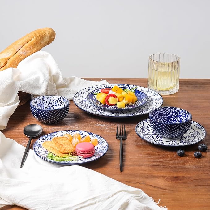 Selamica Dessert Plates Ceramic, 6 Inch Embossed Small Plates for Appetizer, Cake, Snacks, Microwave Dishwasher Safe, Set of 4, Blue