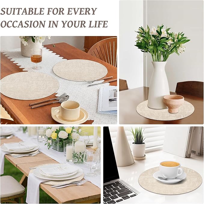 13" Round Placemats Set of 8, Reversible Faux Leather Heat Resistant Table Mats, 100% Waterproof Oilproof Wipeable Table Protective Placemats for Vinyl, Washable for Indoor & Outdoor Use (8, Beige)