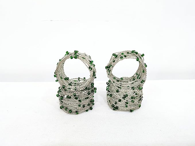 Silver Green Beaded Napkin Ring Set of 12 - Beautiful Fancy Elegant Decorative Napkin Holder for Dinner Table Decoration, Easter, Farmhouse, Wedding, Party, Family Gathering, New Year, Everyday Use