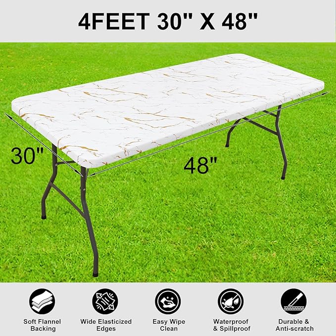 Smiry Rectangle Table Cloth Cover, Waterproof Elastic Fitted Picnic Tablecloth for 4 Foot Tables, Wipeable Flannel Backed Vinyl Tablecloths for Camping, Dining, Outdoor (White, 30" x 48")