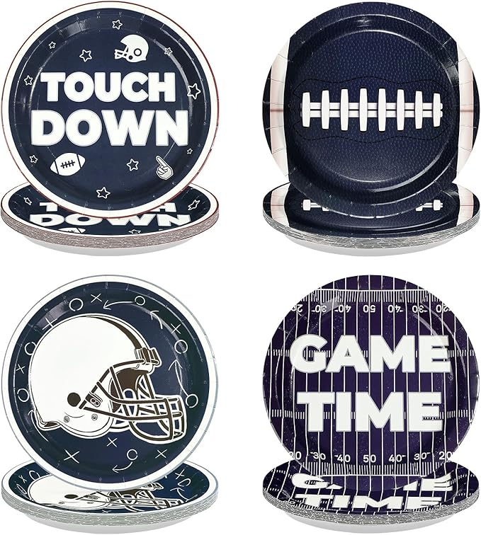 60Pcs Cowboys Football Party Supplies 9” Navy Blue Football Paper Plates Footballs Themed Plates Disposable Tableware for Game Day Sports Birthday Party Supplies