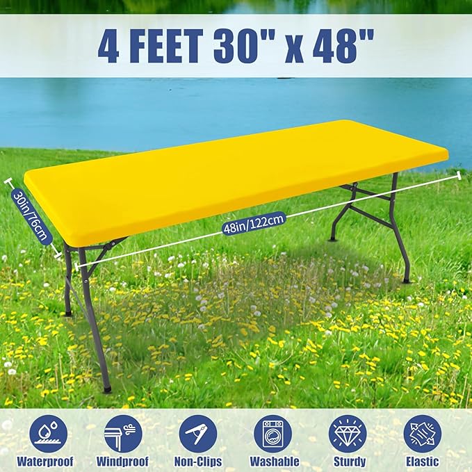 Spandex 4 Foot Rectangle Table Cloth 2 Pack, Elastic Fitted Tablecloths for Picnic, Stretch Washable Patio Table Cover for Outdoor, Camping, Banquet and Parties (Yellow, 30"x48")