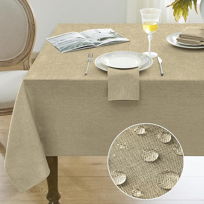 Softalker Rectangular Tablecloth 60x120 inch Faux Linen Table Cloth Outdoor Waterproof Stain and Wrinkle Resistant Table Cover for 6/8/10 Foot Rectangle Large Tables for Party Graduation, Khaki