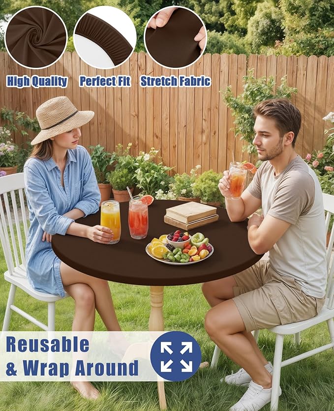 Round Spandex Tablecloth, Elastic Fitted Waterproof Tablecloths for 36"-44" Tables, Stretch Washable Picnic Table Cover for Camping, Dining, Indoor and Outdoor, Coffee