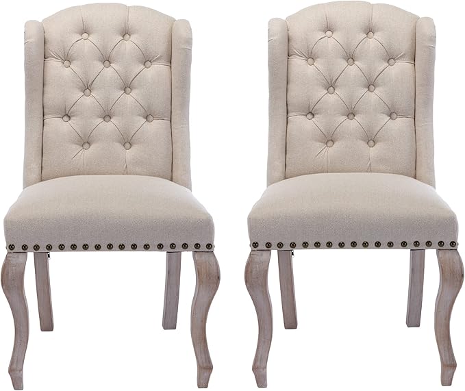 Parsons Dining Chairs Set of 2 Farmhouse Solid Wood Accent Chairs Linen Fabric Host Side Kitchen Chair with Tufted Wingback for Dining Room/Living Room/Bedroom,Cream