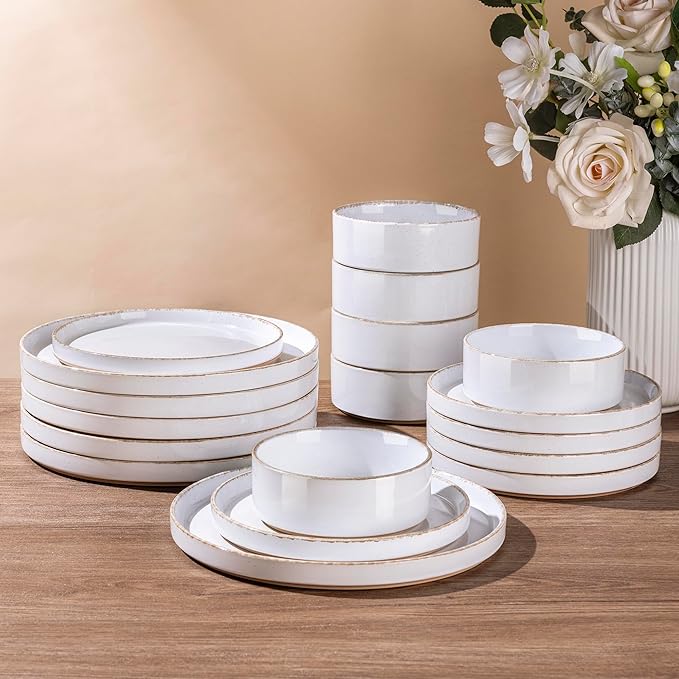 AmorArc Ceramic Dinnerware Sets for 6, 18 Pieces Handpainted Plates and Bowls Set with Rustic Terracotta Underside, Scratch Resistant Stoneware Dishes Set, Dishwasher & Microwave Safe