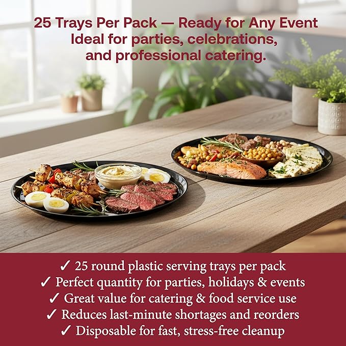 Smarty Had A Party 16 Inch Black Round Plastic Serving Tray – Heavy-Duty Plastic Serving Trays for Catering, Parties & Buffets, Elegant Disposable Black Serving Platters – 25-Pack