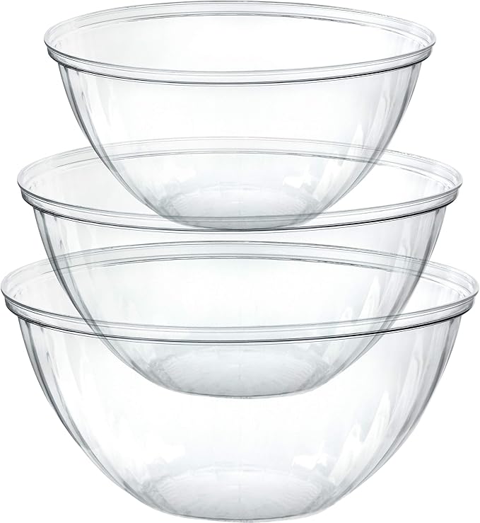 PLASTICPRO Disposable Combo Set of Salad Bowl Includes 2, 48 Ounce 2, 96 oz 2, 150 Ounce Round Crystal Clear Plastic Serving Bowl