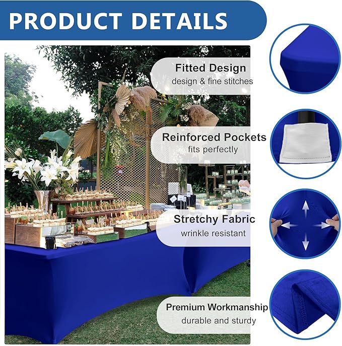 Spandex Table Cloths for 8 Foot Rectangle Tables-6 Pack Fitted Stretch Royal Blue Table Covers-Folding Tablecloths for Party, Vendor Booth Display, Banquet Buffet Event, Craft Trade Show