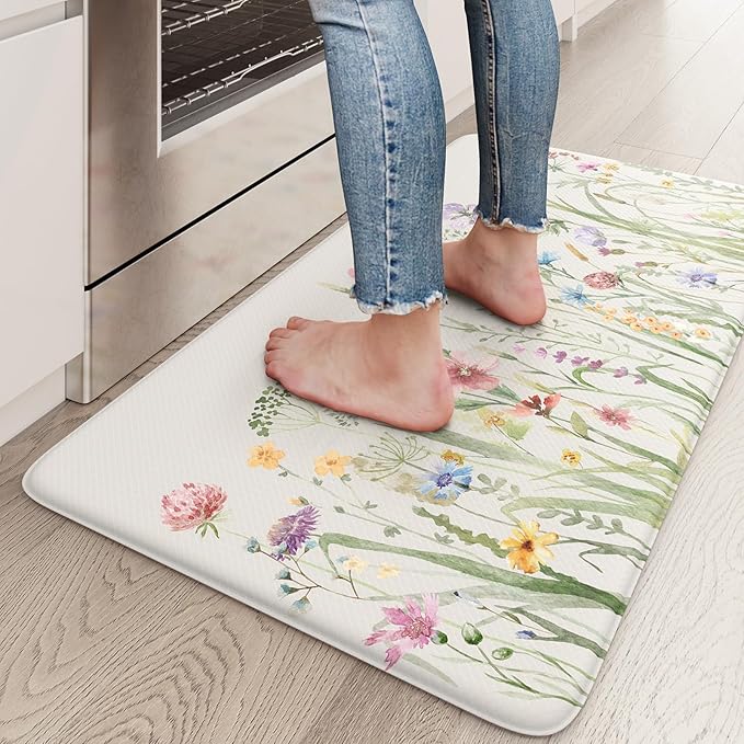 KIMODE Anti Fatigue Kitchen Mat 17.3"x29", Boho Floral Kitchen Floor Mats Non Slip, Waterproof Kitchen Mat for Floor, Padded Comfort Standing Mat for Laundry, Office, Sink, Desk White