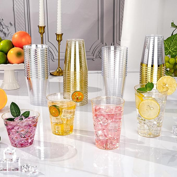 Goodluck 12 oz 200 PCS Gold Glitter Plastic Cups, Disposable Glitter Cups, Elegant Plastic Cocktail Glasses, Fancy Party Cups for Wedding, Birthday, Holiday