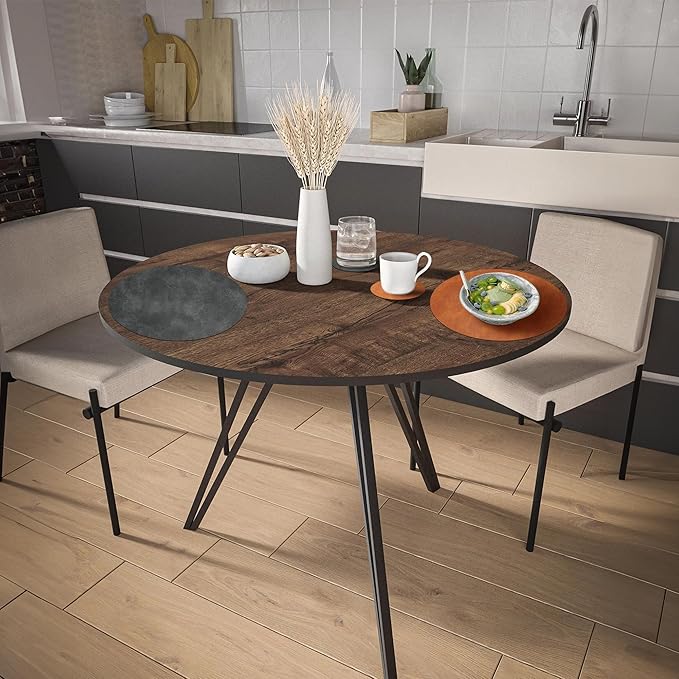 Round Placemats and Coasters Set of 4, Washable Reversible Faux Leather Placemats Cowhide Pattern Place Mats Wipeable Non-Slip 15 inch Round Kitchen Dining Table Mats (Gray Brown, 4)
