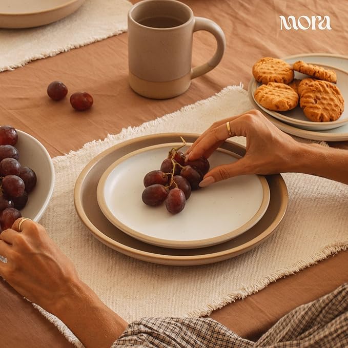 MORA Large Plates Set of 4, 10.5 inch Ceramic Pottery Dinner Plates - Microwave, Oven and Dishwasher Safe - Mushroom