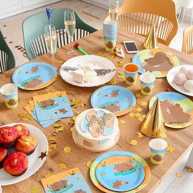 Pickmesh 250 Pcs Capybara Birthday Party Supplies Tableware Set Capybara Disposable Paper Plates Napkins and Cups for Birthday Baby Shower Animal Theme Party Decorations
