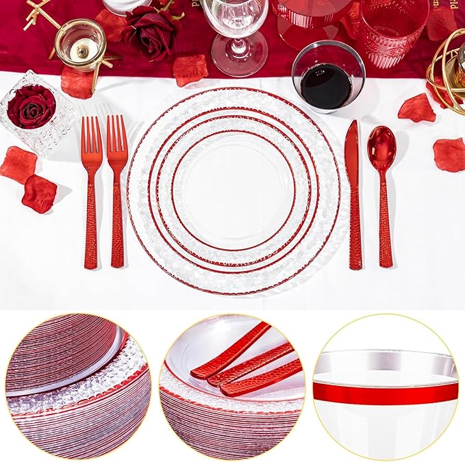 Ciaell 350 PCS Clear and Red Plastic Plates – Red Dinnerware Set for 50 Guests Include 100 Plastic Plates, 50 Pre Rolled Napkins with Cutlery Set, 50 Cups for Wedding & Party & Anniversary