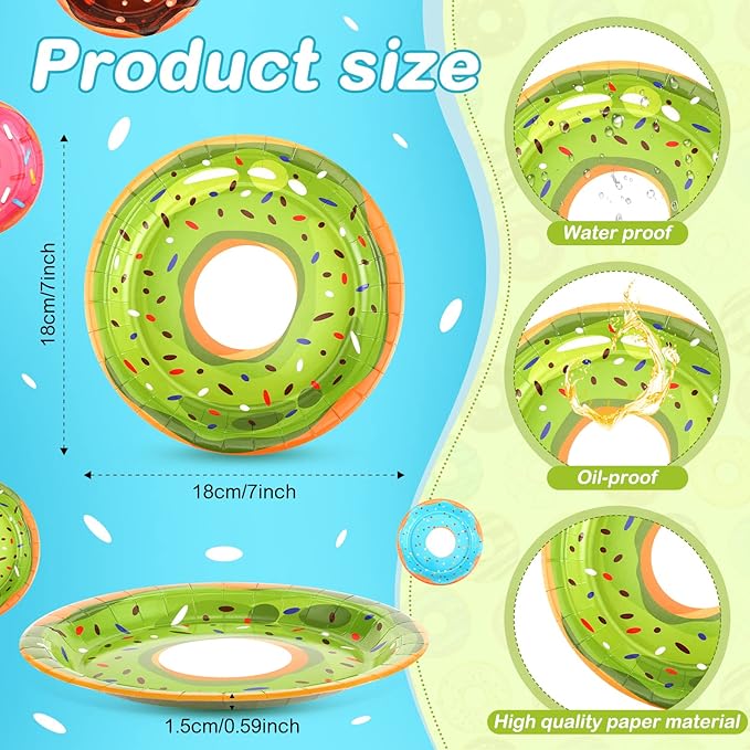 Huwena 100 Pcs Donut Paper Plates 7" Disposable Donut Party Plates Colorful Cute Serving Trays Snack Platter for Theme Birthday Assorted Designs Party Supplies