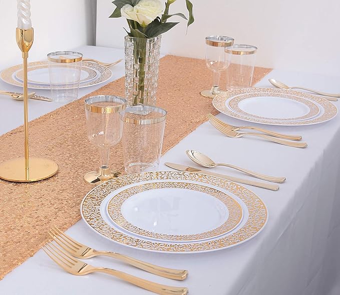 WDF 150PCS Gold Plastic Plates Set - Valentines Plates 25Guests Gold Disposable Dinnerware Sets for Valentine's Day