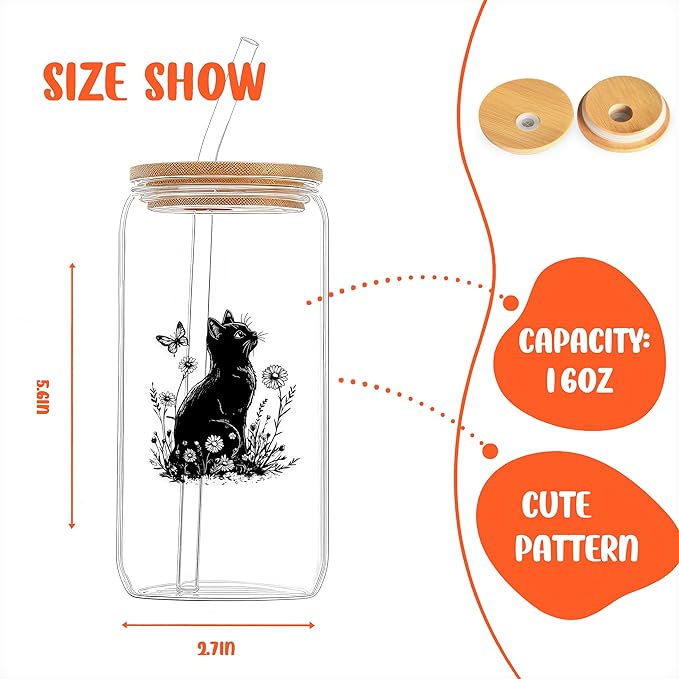 Cute Black Cat Glass Cup With Lids And Straws, Black Cat Gift For Women, Iced, Coffee, Smoothie, Cocktail, Beer, Whiskey, Soda, Matcha,16 Oz, Home Office Table Desk Decoration!
