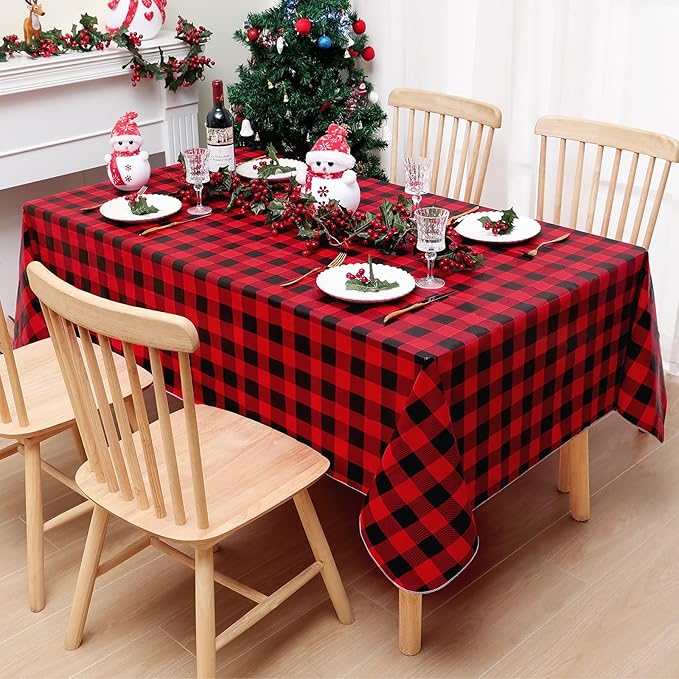 misaya Rectangle Waterproof Vinyl Table Cloth, Buffalo Flannel Backed Tablecloth, Wipeable Plastic Table Cover for Christmas (52" x 70", Red and Black)